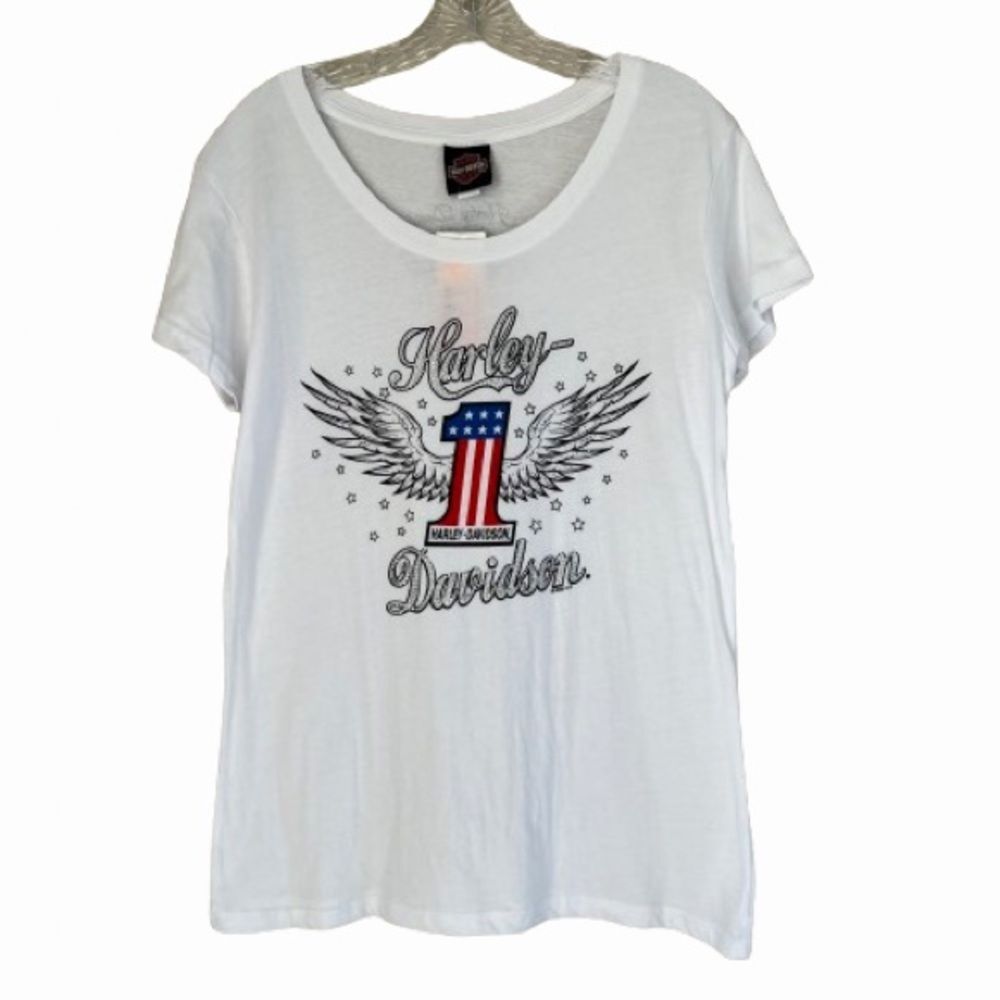 Harley Davidson Women's Winged Graphic Patriot Red White Jewel Biker Tee SZ L